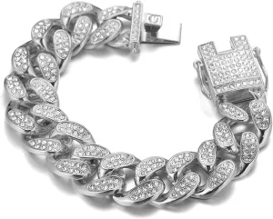 Gold Chain for Men Guys ?Big Dog? 20MM Wide Cuban Link Chain Silver Tone Iced Out Real White Gold Platinum Plated Bracelet Handset Diamonds Clasp 8.7" Gift for Boyfriend Husband