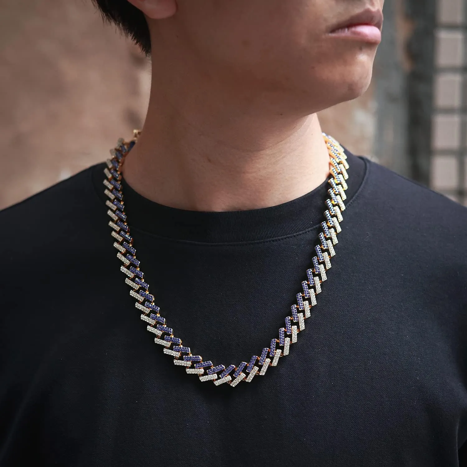 Gold Chain for Men Guys Cuban Link Chain Iced Out 15mm Wide Silver Tone Color Multiple Colour Diamonds Real White Gold Platinum Plated Bracelet Necklace Handset Diamonds Gift for Boyfriend Husband