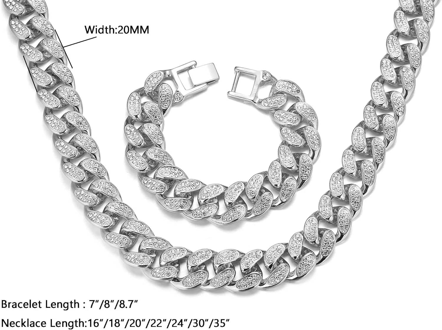 Gold Chain for Men Guys Cuban Link Chain Iced Out Big Dog 20MM Wide Silver Tone Real White Gold Platinum Plated Bracelet Necklace Handset Diamonds Gift for Boyfriend Husband