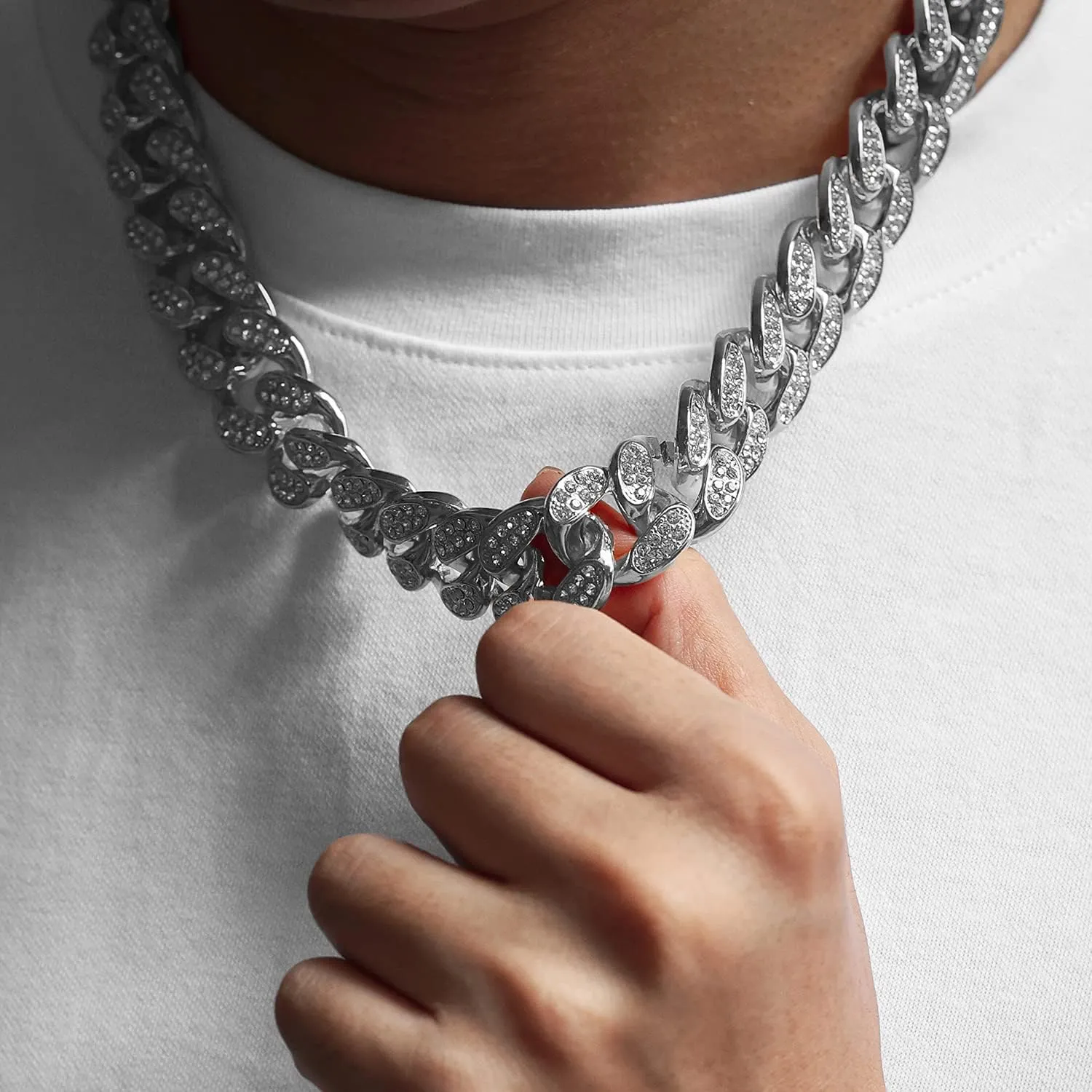 Gold Chain for Men Guys Cuban Link Chain Iced Out Big Dog 20MM Wide Silver Tone Real White Gold Platinum Plated Bracelet Necklace Handset Diamonds Gift for Boyfriend Husband