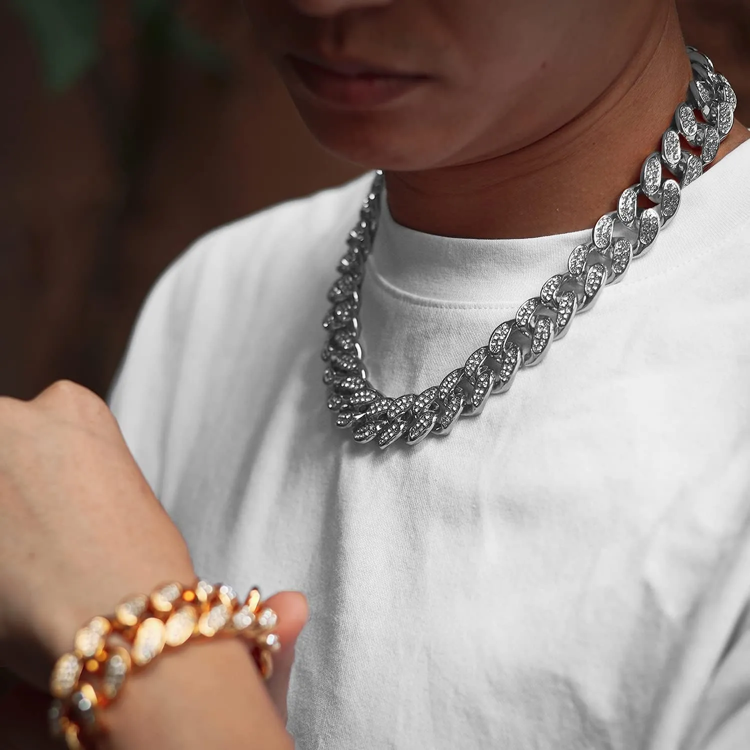 Gold Chain for Men Guys Cuban Link Chain Iced Out Big Dog 20MM Wide Silver Tone Real White Gold Platinum Plated Bracelet Necklace Handset Diamonds Gift for Boyfriend Husband