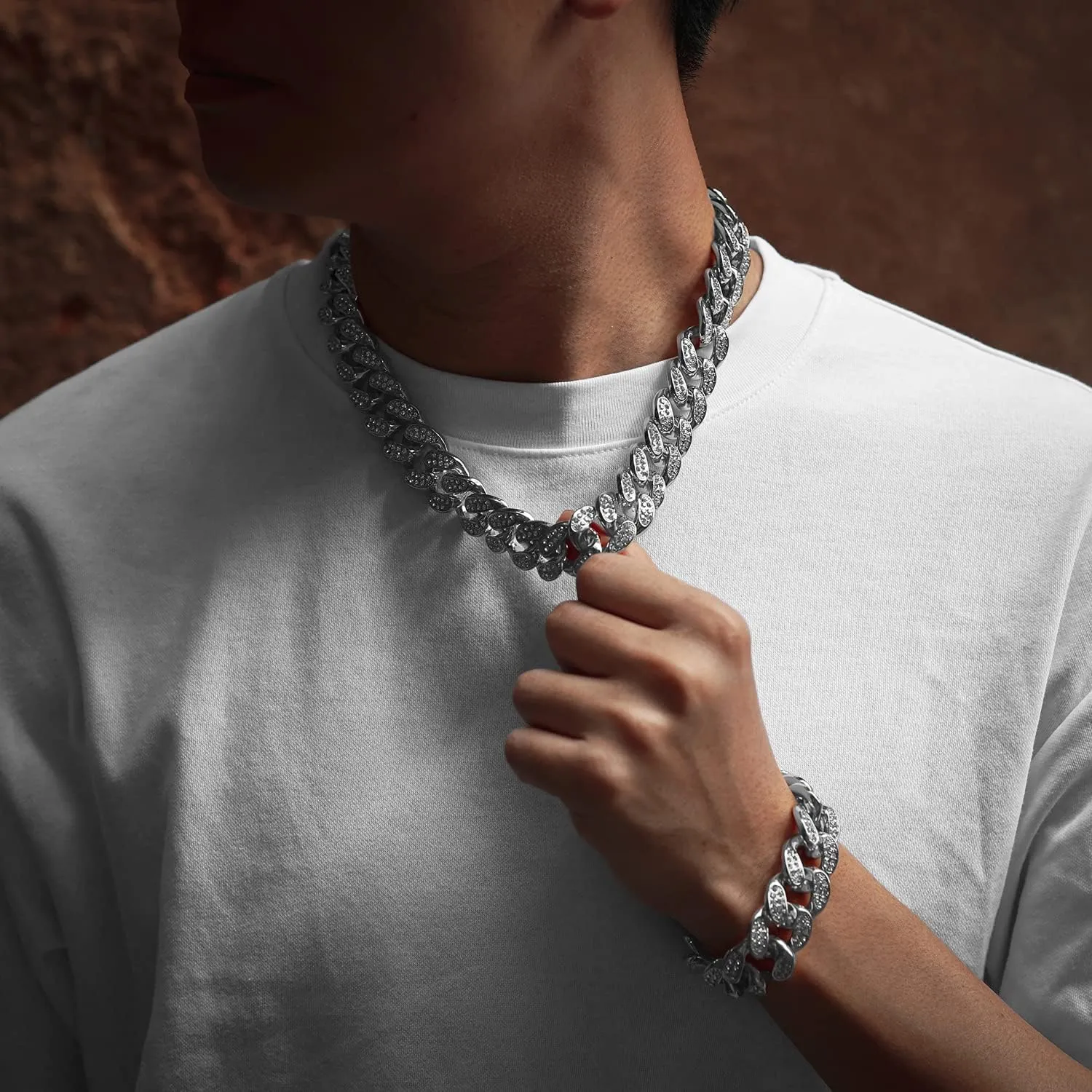 Gold Chain for Men Guys Cuban Link Chain Iced Out Big Dog 20MM Wide Silver Tone Real White Gold Platinum Plated Bracelet Necklace Handset Diamonds Gift for Boyfriend Husband