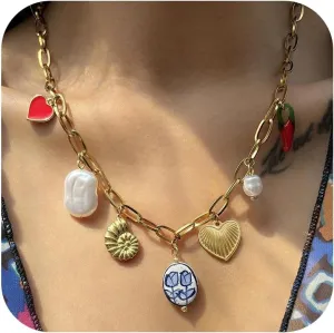 Gold Charm Necklace for Women Red Heart Cherry Strawberry Pearl Bow Cross Charms Beach Jewelry for Women Trendy Necklaces for Women 2025 Summer Gifts