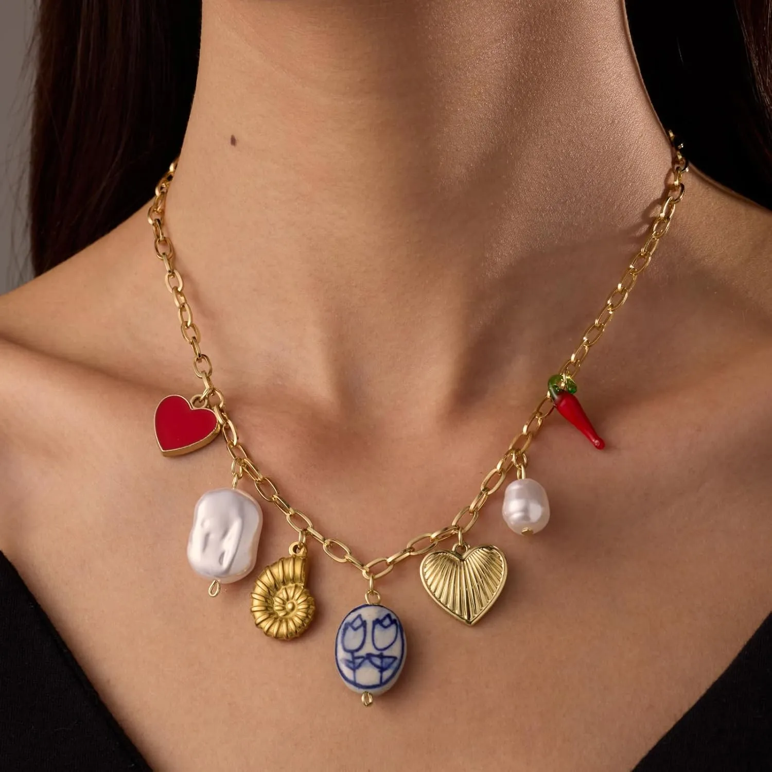 Gold Charm Necklace for Women Red Heart Cherry Strawberry Pearl Bow Cross Charms Beach Jewelry for Women Trendy Necklaces for Women 2025 Summer Gifts