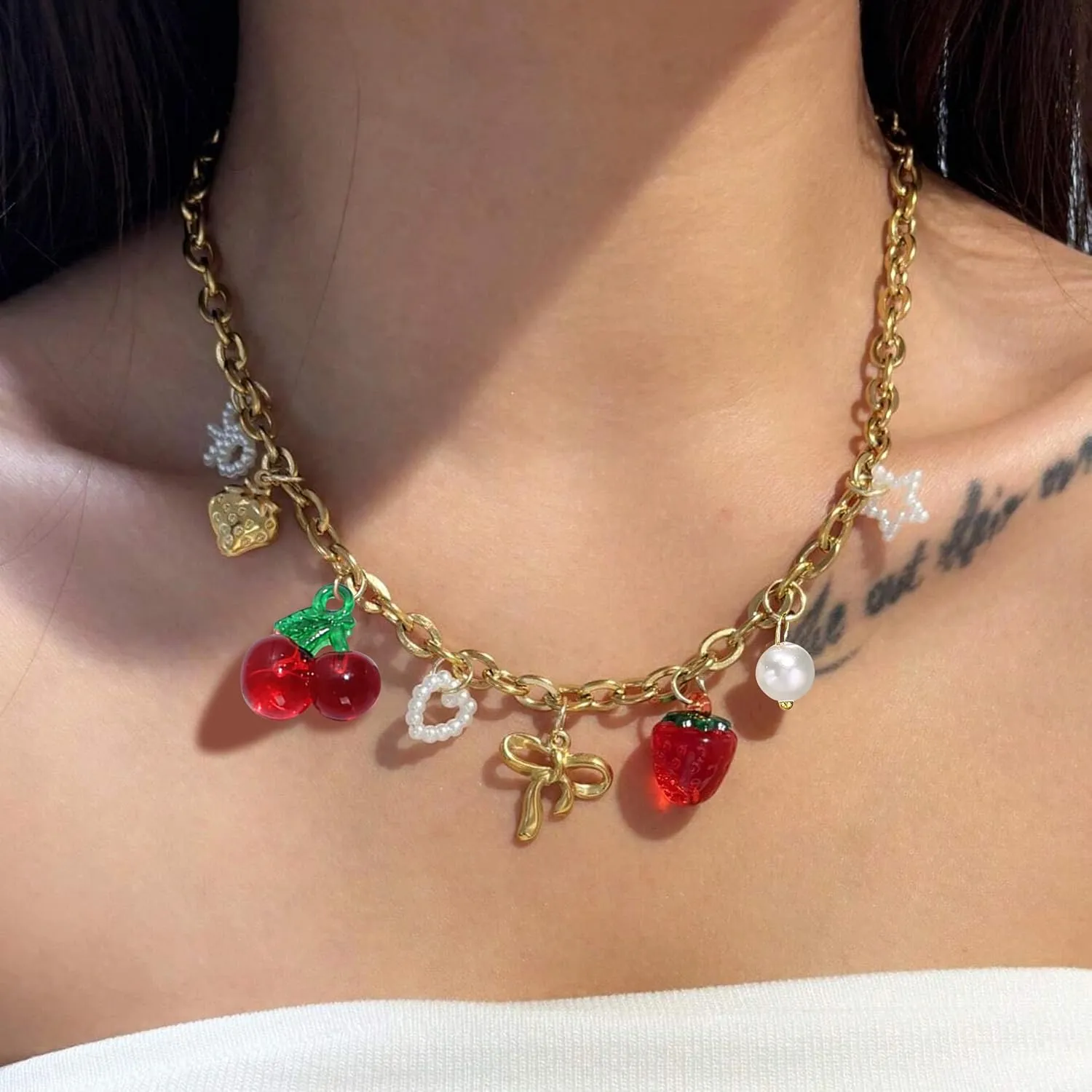 Gold Charm Necklace for Women Red Heart Cherry Strawberry Pearl Bow Cross Charms Beach Jewelry for Women Trendy Necklaces for Women 2025 Summer Gifts