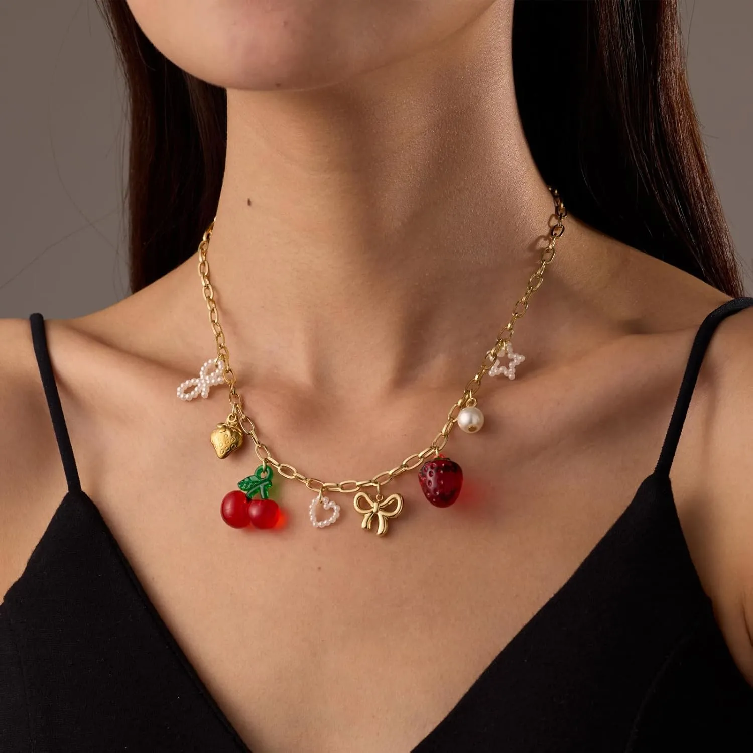 Gold Charm Necklace for Women Red Heart Cherry Strawberry Pearl Bow Cross Charms Beach Jewelry for Women Trendy Necklaces for Women 2025 Summer Gifts