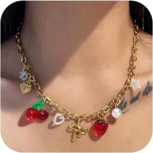 Gold Charm Necklace for Women Red Heart Cherry Strawberry Pearl Bow Cross Charms Beach Jewelry for Women Trendy Necklaces for Women 2025 Summer Gifts