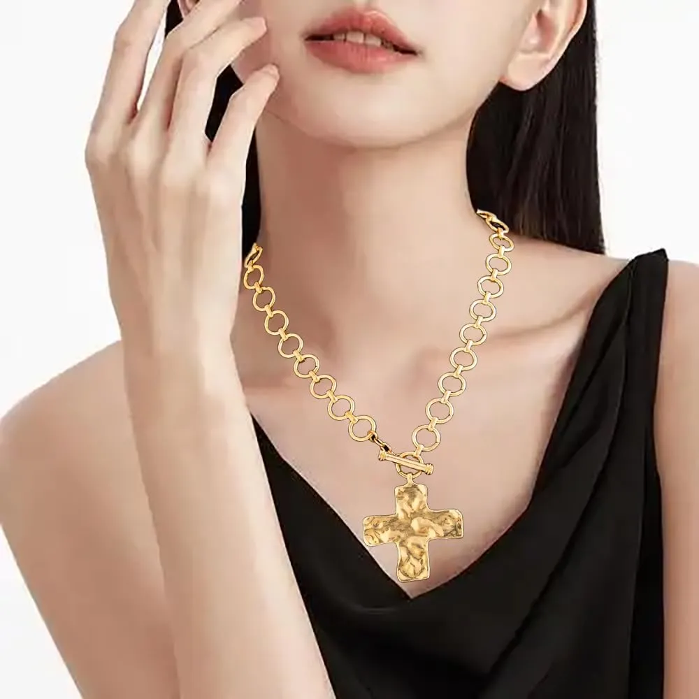 Gold Chunky Cross Necklace for Women Gold/Silvery Hammered Bold Cross Pendant Necklace Vintage Layered Toggle Pendant Necklaces Chunky Gold Necklace Jewelry for Women