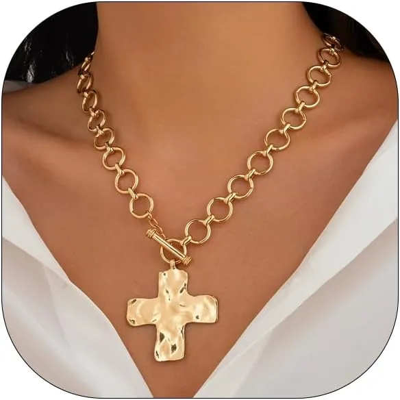 Gold Chunky Cross Necklace for Women Gold/Silvery Hammered Bold Cross Pendant Necklace Vintage Layered Toggle Pendant Necklaces Chunky Gold Necklace Jewelry for Women
