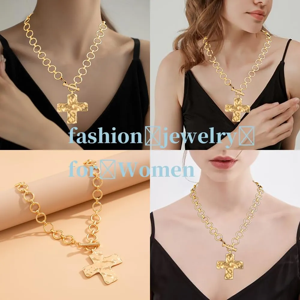 Gold Chunky Cross Necklace for Women Gold/Silvery Hammered Bold Cross Pendant Necklace Vintage Layered Toggle Pendant Necklaces Chunky Gold Necklace Jewelry for Women