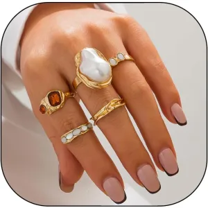 Gold Chunky Rings Set Chunky Gold Flower Rings Pearl Stacking Statement Rings for Women 14k Gold Plated Thick Dome Stackable Open Rings Exaggerated Baroque Pearl Stack Rings