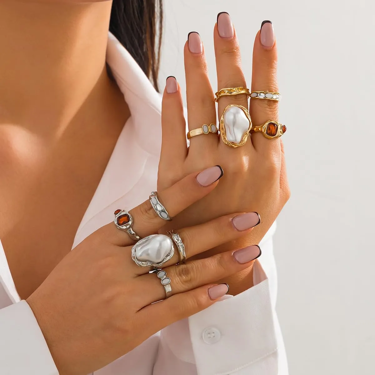 Gold Chunky Rings Set Chunky Gold Flower Rings Pearl Stacking Statement Rings for Women 14k Gold Plated Thick Dome Stackable Open Rings Exaggerated Baroque Pearl Stack Rings
