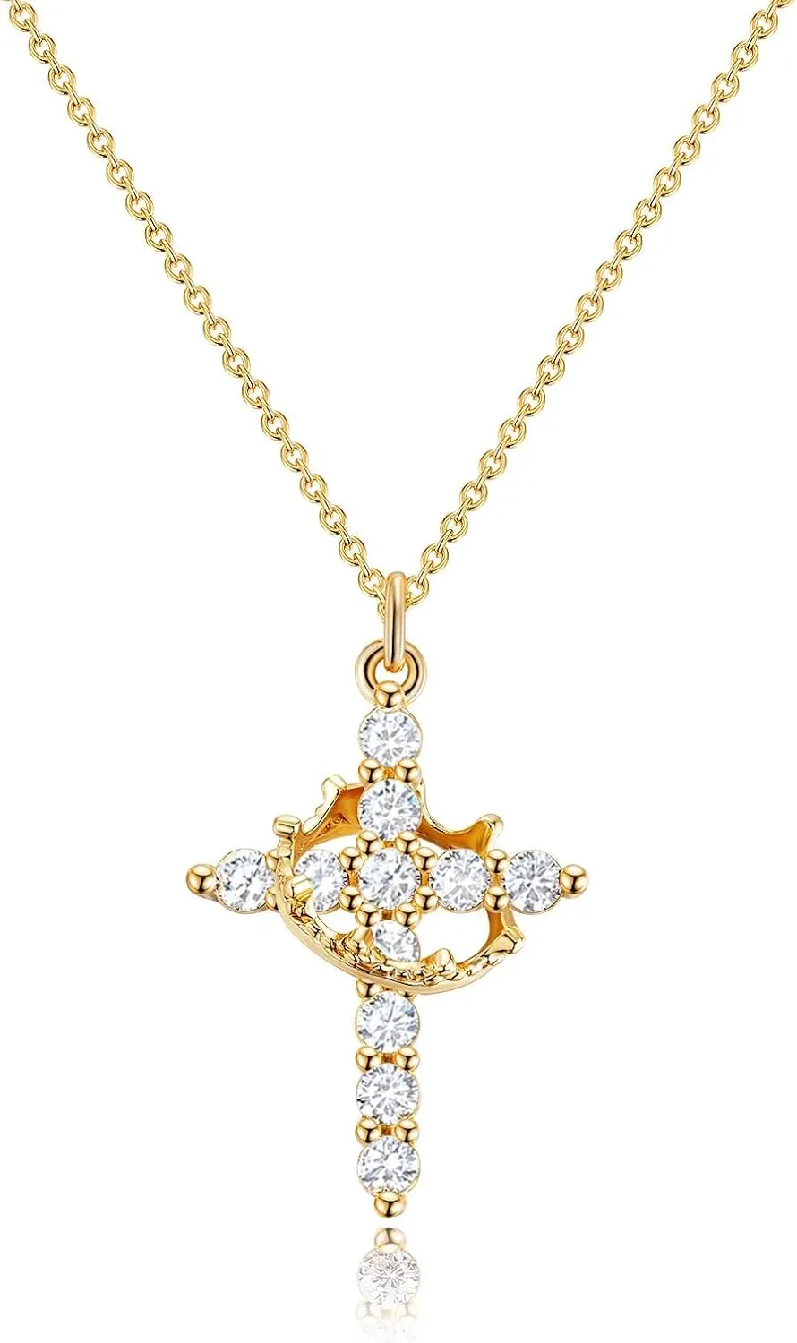 Gold Cross Necklace with Crown Charm for Women Trendy Dainty 18K Gold Plated Gothic Faith Diamond Cross Pendant Necklaces Non Tarnish Religious Jewelry Gift