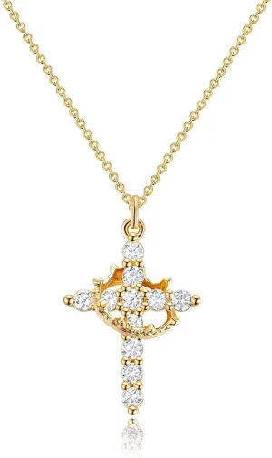 Gold Cross Necklace with Crown Charm for Women Trendy Dainty 18K Gold Plated Gothic Faith Diamond Cross Pendant Necklaces Non Tarnish Religious Jewelry Gift