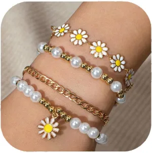 Gold Daisy Bracelet Set for Women White Pearl Stretch Beaded Bracelets Layered Daisy Strand Bracelet summer Boho Bracelets Jewelry Set