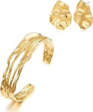 Gold Hammered Earrings and Cuff Bracelets Set for Women Irregular Gold Stud Earrings and Adjustable Gold Open Cuff Bangles