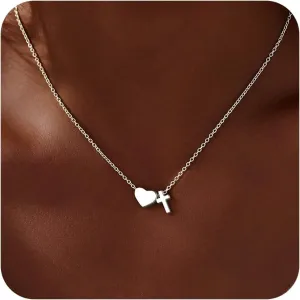 Gold Heart Cross Necklace for Women, 925 Sterling Silver Dainty Small Cute Simple Pendant Choker Charm Chain, Trendy Faith Jewelry for Women's Religious Minimalist Gift