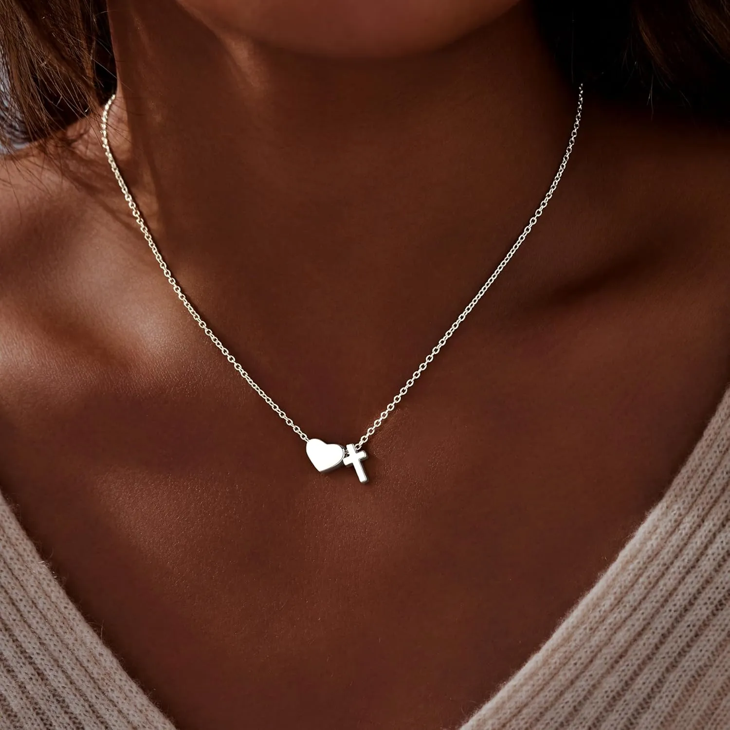 Gold Heart Cross Necklace for Women, 925 Sterling Silver Dainty Small Cute Simple Pendant Choker Charm Chain, Trendy Faith Jewelry for Women's Religious Minimalist Gift