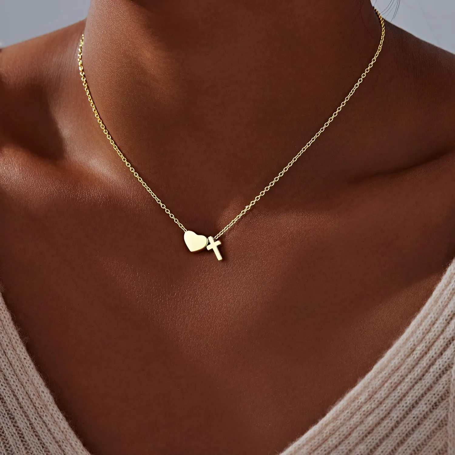 Gold Heart Cross Necklace for Women, 925 Sterling Silver Dainty Small Cute Simple Pendant Choker Charm Chain, Trendy Faith Jewelry for Women's Religious Minimalist Gift