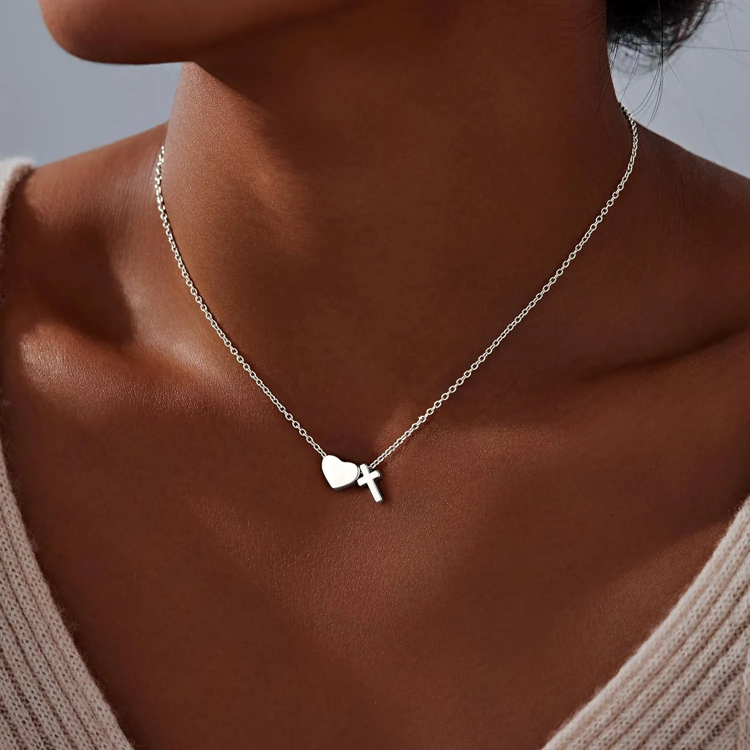 Gold Heart Cross Necklace for Women, 925 Sterling Silver Dainty Small Cute Simple Pendant Choker Charm Chain, Trendy Faith Jewelry for Women's Religious Minimalist Gift