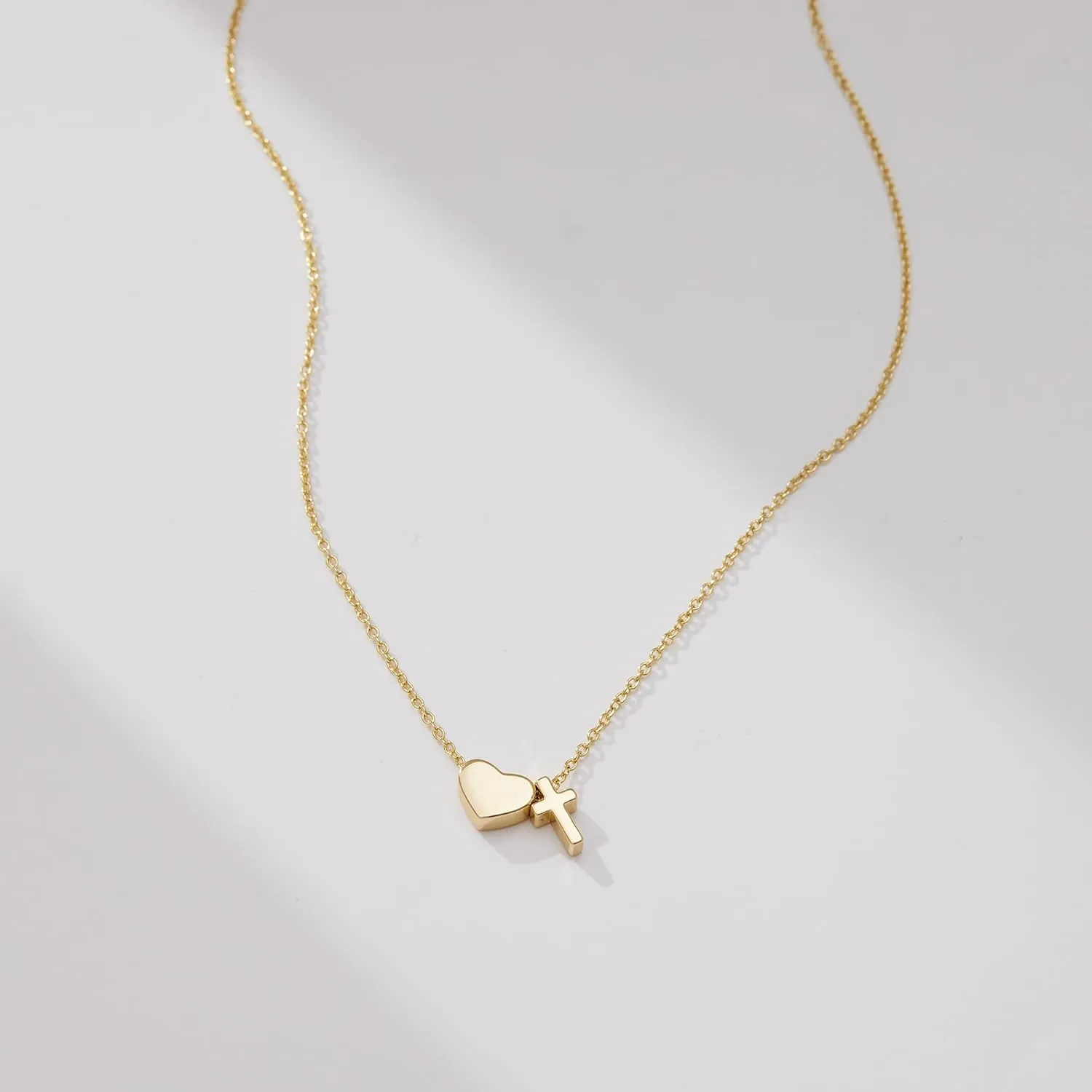 Gold Heart Cross Necklace for Women, 925 Sterling Silver Dainty Small Cute Simple Pendant Choker Charm Chain, Trendy Faith Jewelry for Women's Religious Minimalist Gift