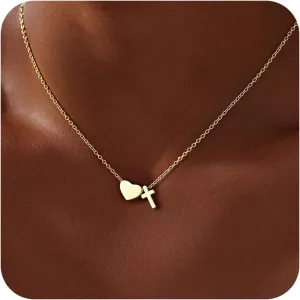 Gold Heart Cross Necklace for Women, 925 Sterling Silver Dainty Small Cute Simple Pendant Choker Charm Chain, Trendy Faith Jewelry for Women's Religious Minimalist Gift