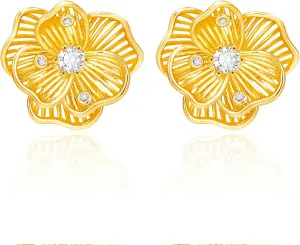 Gold Hollow Flower Stud Earrings for Women, 14K Gold Plated Elegant Hollow Flower Earrings with Sparkly Cubic Zirconia Six Big Petal Floral Bloom Stud Spring Summer Party Trendy Jewelry Gift for Women