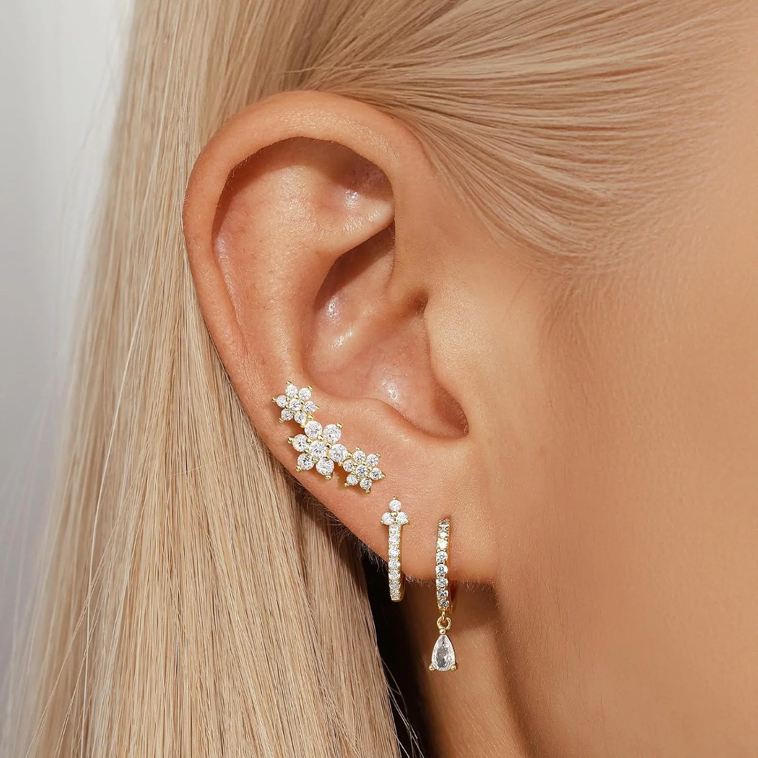 Gold Hoop Earrings Set for Women,Dainty14K Gold Plated Crawler Earring Stacks,Sterling Silver Lightweight Cartilage Stackable Earring Stack,Dangle Hoop Earrings Sets For Multiple Piercing Jewelry