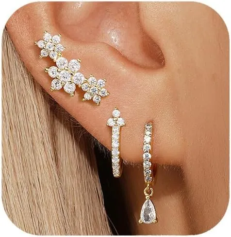 Gold Hoop Earrings Set for Women,Dainty14K Gold Plated Crawler Earring Stacks,Sterling Silver Lightweight Cartilage Stackable Earring Stack,Dangle Hoop Earrings Sets For Multiple Piercing Jewelry