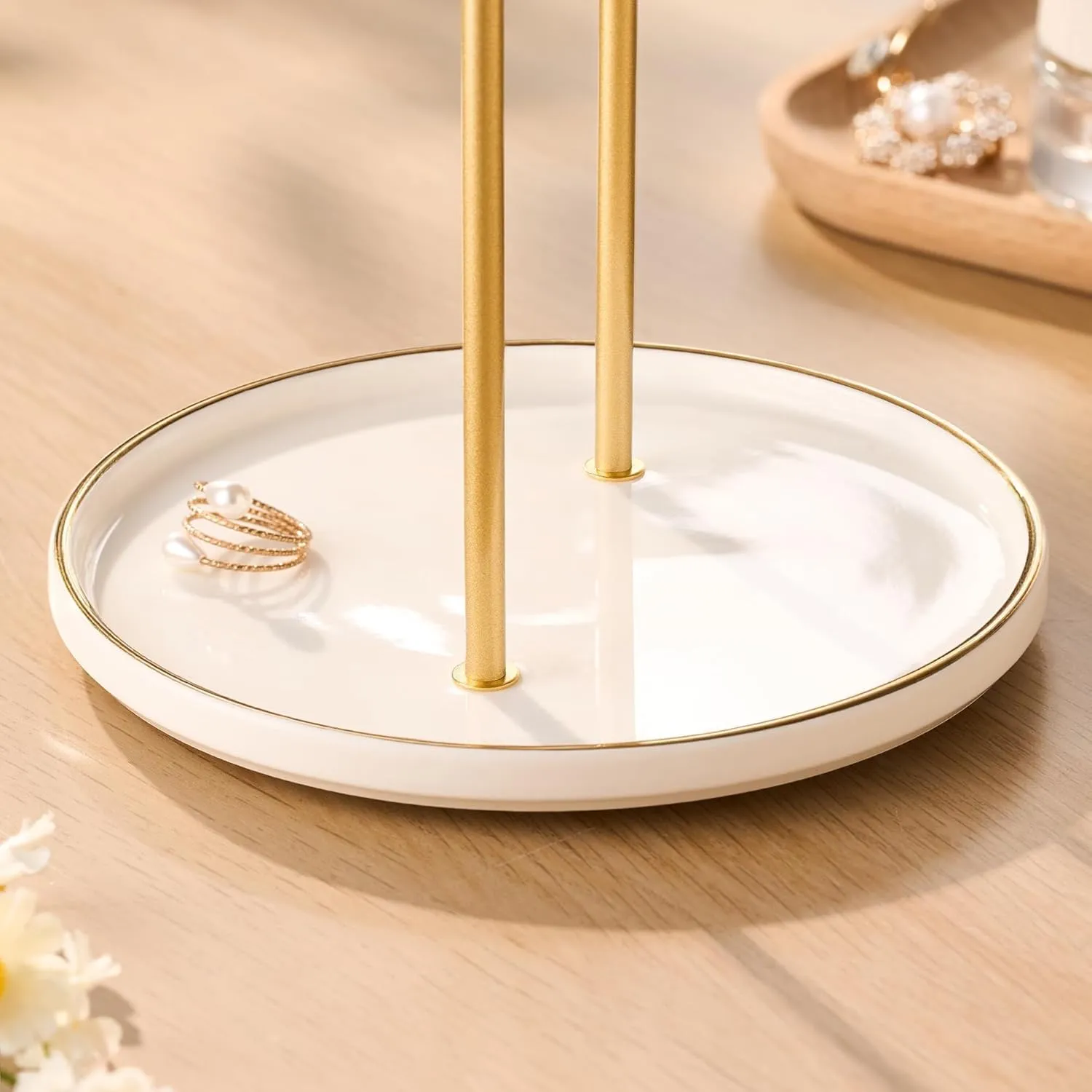 Gold Jewelry Holder Stand with Ceramic Tray: Small Hanging Necklace Organizer Tree for Earrings, Bracelets, Rings  Jewelry Display Hanger for Women & Girls, White