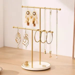 Gold Jewelry Holder Stand with Ceramic Tray: Small Hanging Necklace Organizer Tree for Earrings, Bracelets, Rings  Jewelry Display Hanger for Women & Girls, White