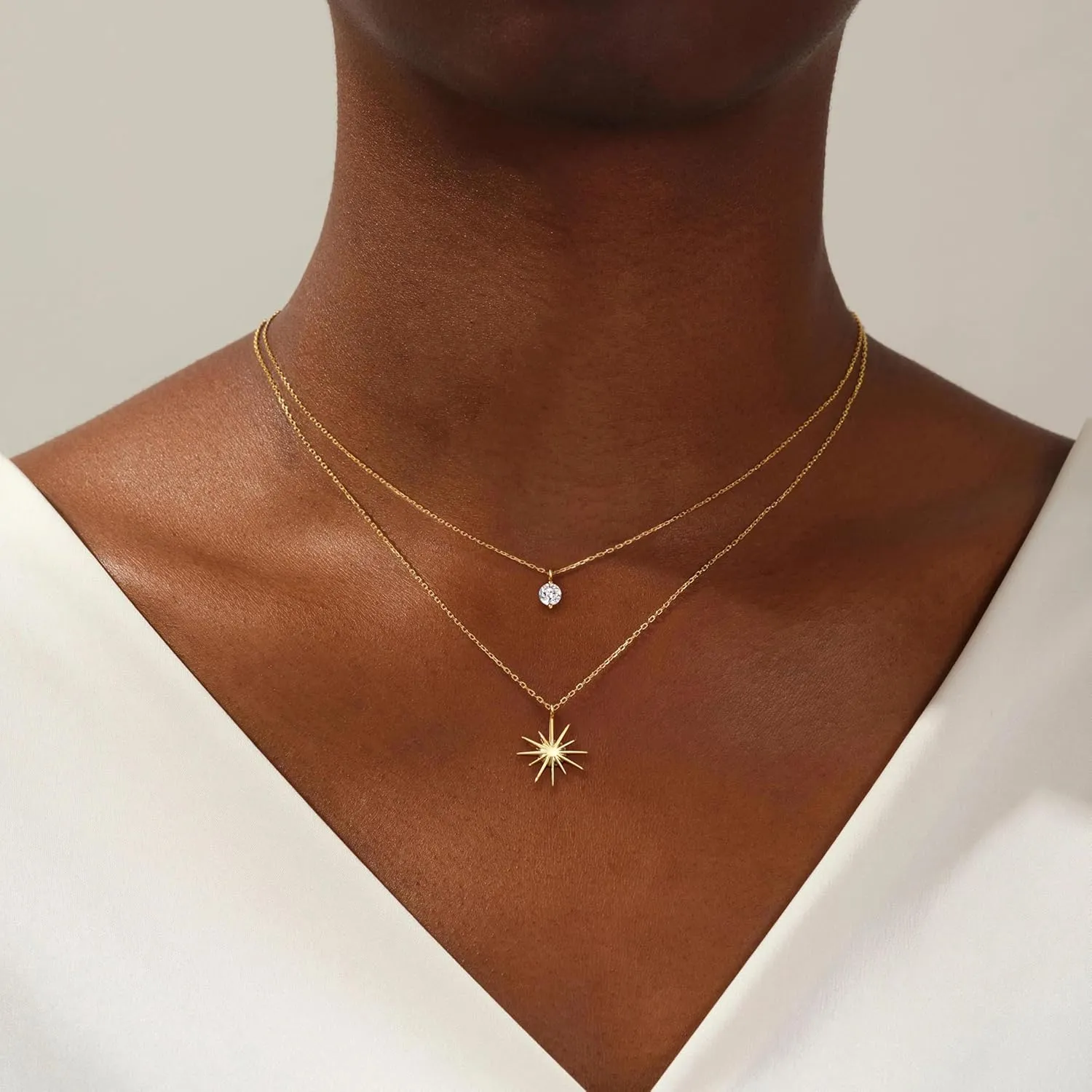 Gold Necklaces for Women, 14K Plated Dainty Layered Diamond Sun Pendant Choker Simple Trendy Cute Stack Chain Prom Wedding Non Tarnish Waterproof Jewelry Gift