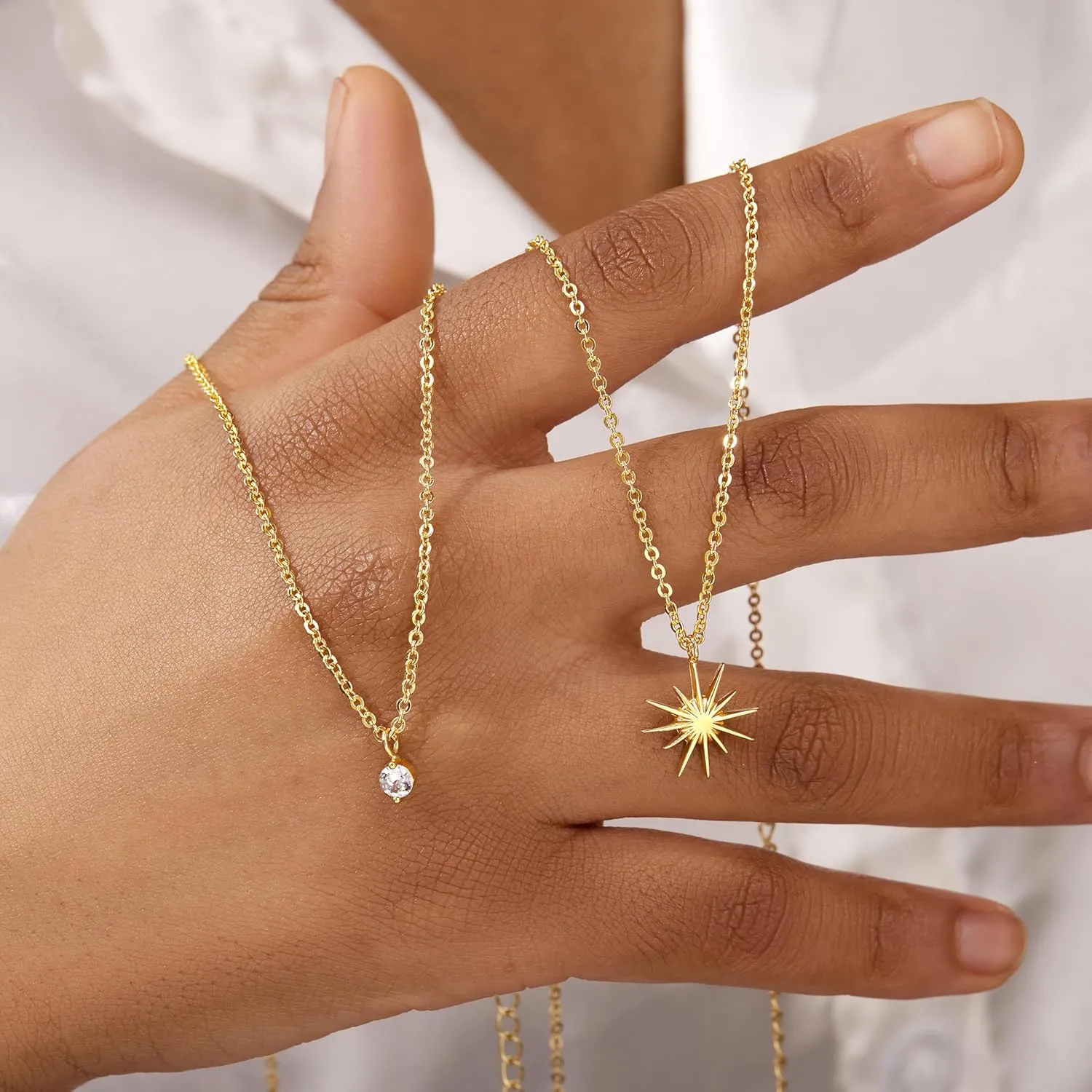 Gold Necklaces for Women, 14K Plated Dainty Layered Diamond Sun Pendant Choker Simple Trendy Cute Stack Chain Prom Wedding Non Tarnish Waterproof Jewelry Gift