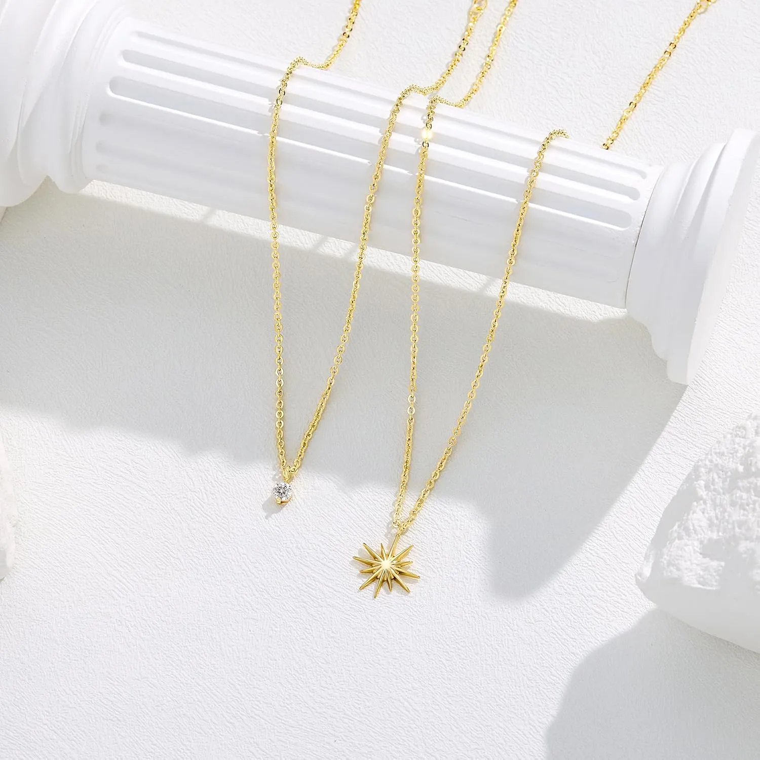 Gold Necklaces for Women, 14K Plated Dainty Layered Diamond Sun Pendant Choker Simple Trendy Cute Stack Chain Prom Wedding Non Tarnish Waterproof Jewelry Gift