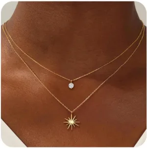 Gold Necklaces for Women, 14K Plated Dainty Layered Diamond Sun Pendant Choker Simple Trendy Cute Stack Chain Prom Wedding Non Tarnish Waterproof Jewelry Gift