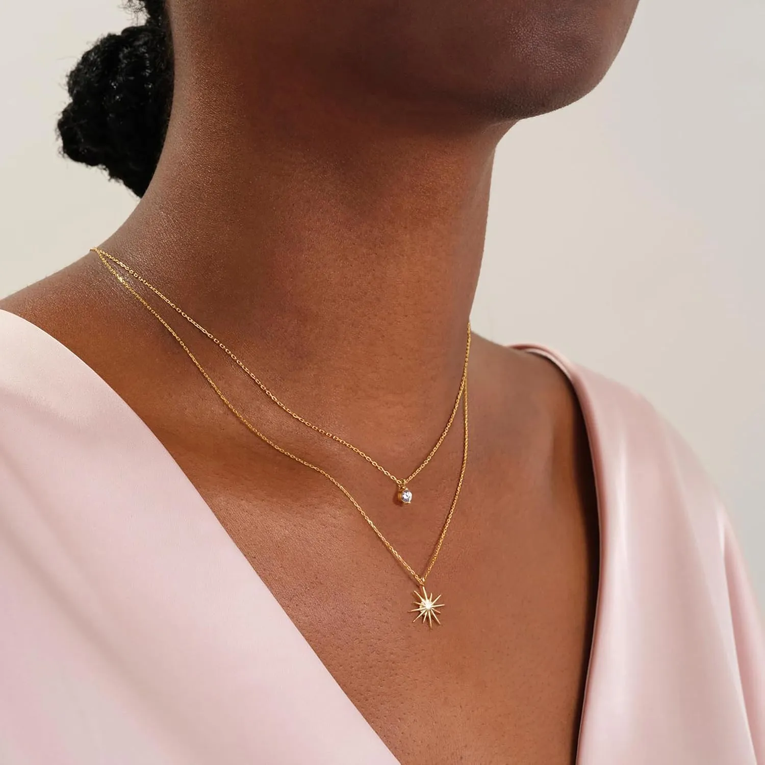 Gold Necklaces for Women, 14K Plated Dainty Layered Diamond Sun Pendant Choker Simple Trendy Cute Stack Chain Prom Wedding Non Tarnish Waterproof Jewelry Gift