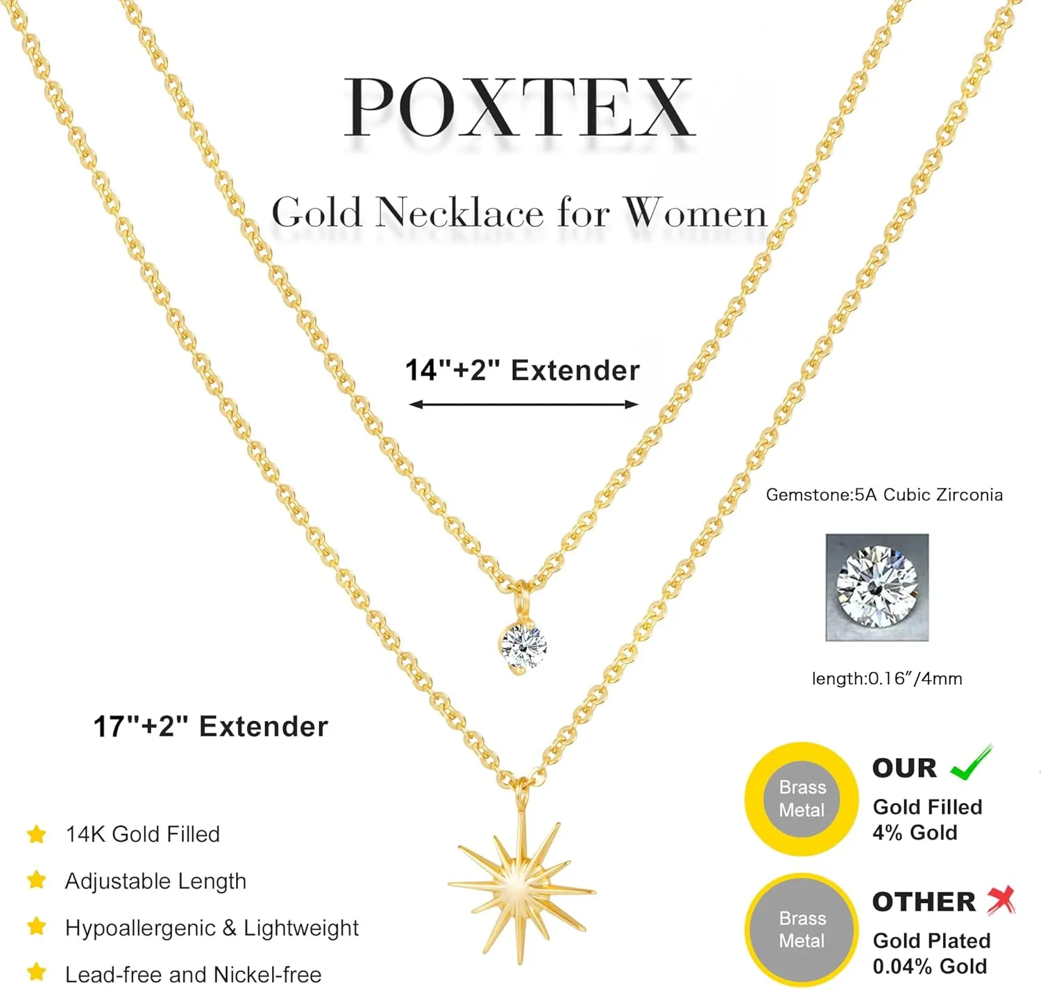 Gold Necklaces for Women, 14K Plated Dainty Layered Diamond Sun Pendant Choker Simple Trendy Cute Stack Chain Prom Wedding Non Tarnish Waterproof Jewelry Gift