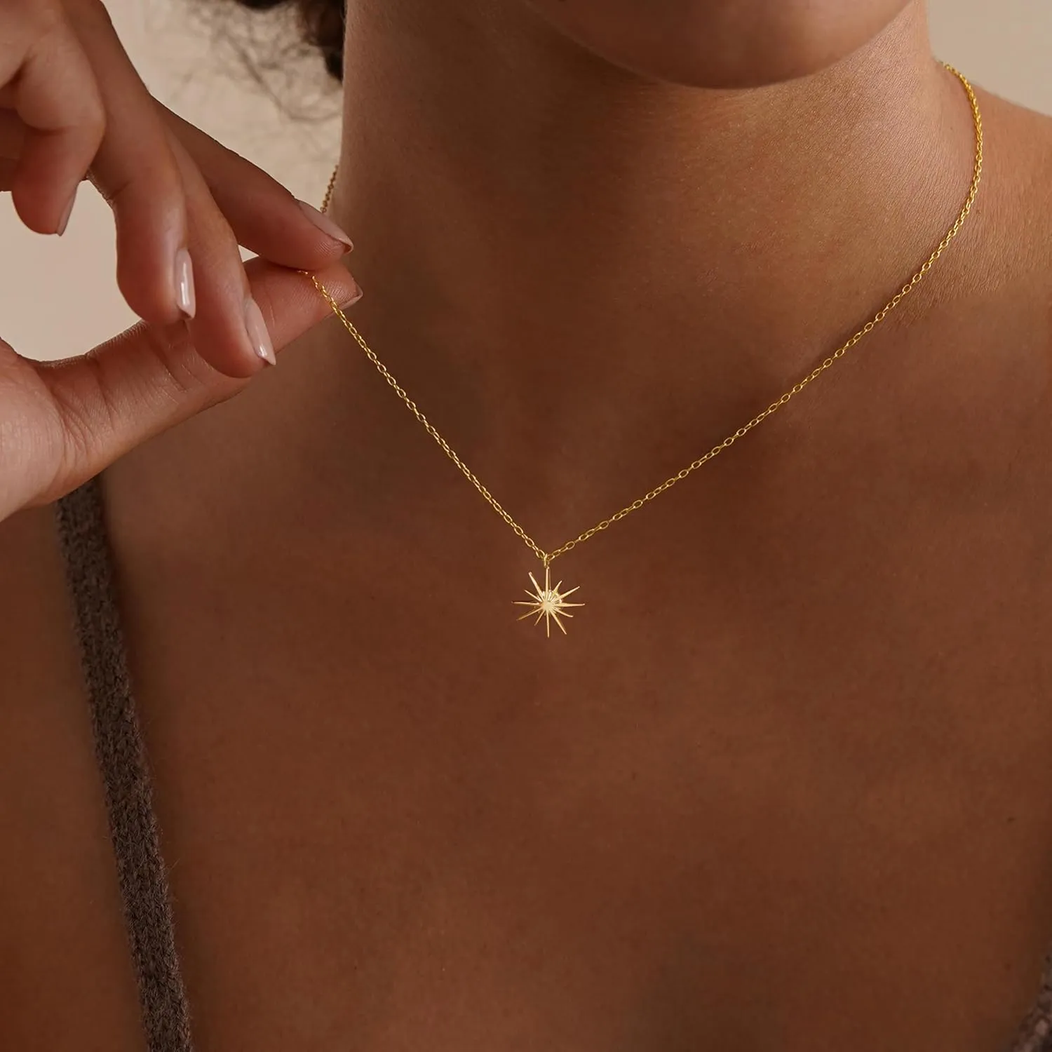 Gold Necklaces for Women, 14K Plated Dainty Layered Diamond Sun Pendant Choker Simple Trendy Cute Stack Chain Prom Wedding Non Tarnish Waterproof Jewelry Gift