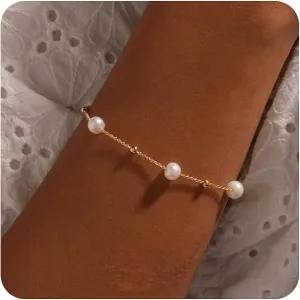 Gold Pearl Bracelets for Women Stainless Steel Adjustable 18K Gold Dainty Pearl Bead Link Simple Cute Women's Bracelet Trend Bridesmaid Jewelry Gifts for Her