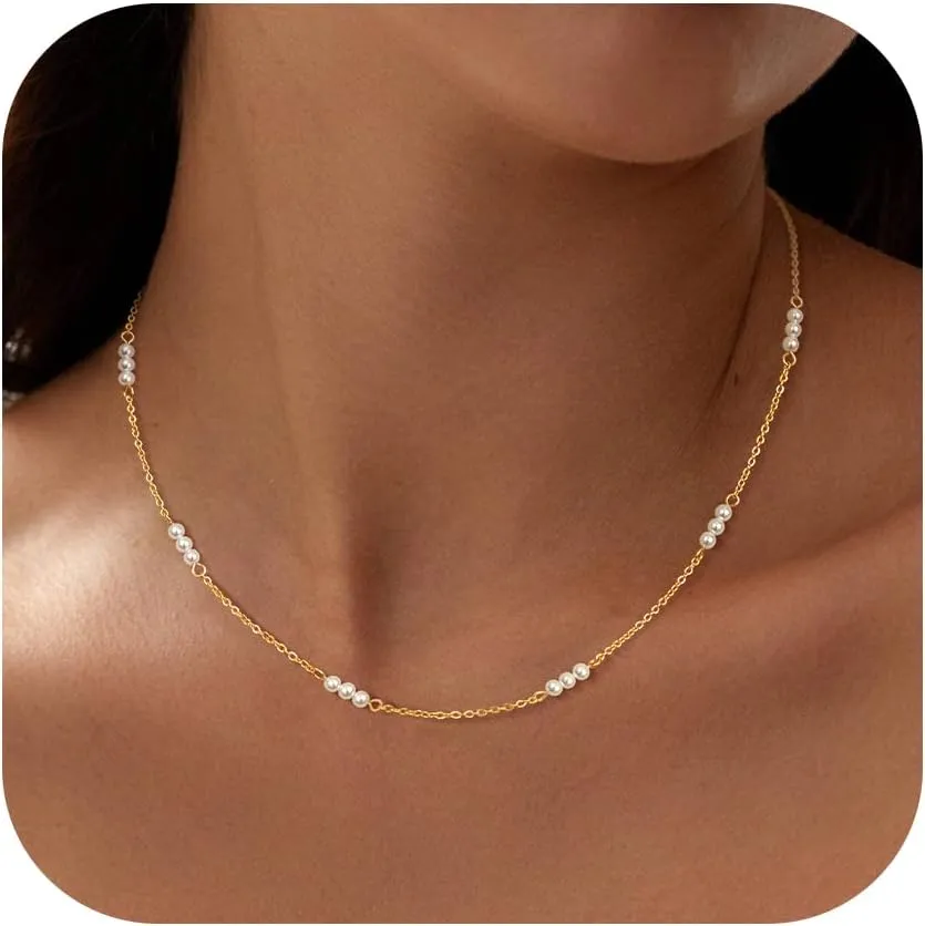 Gold Pearl Necklaces for Women Trendy, Dainty 14K Gold Pearl Pendant Chain Choker Necklace Cute Simple Pearl Pendant Link Necklace Waterproof Hypoallergenic Gold Jewelry Gifts for Women