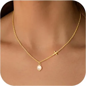Gold Pearl Necklaces for Women Trendy, Dainty 14K Gold Pearl Pendant Chain Choker Necklace Cute Simple Pearl Pendant Link Necklace Waterproof Hypoallergenic Gold Jewelry Gifts for Women