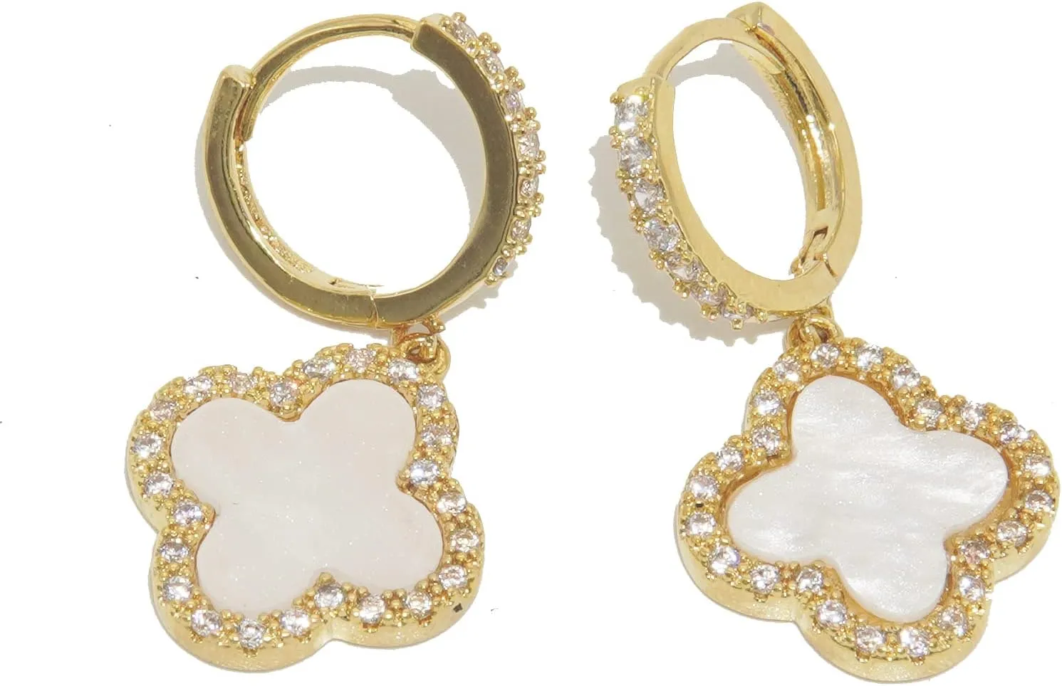 Gold Plated 925 Sterling Silver Gem Hoop Earrings Clover Designs with Crystal Charms Crystal Natural Gemstone Dangle Earrings for Women