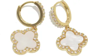 Gold Plated 925 Sterling Silver Gem Hoop Earrings Clover Designs with Crystal Charms Crystal Natural Gemstone Dangle Earrings for Women