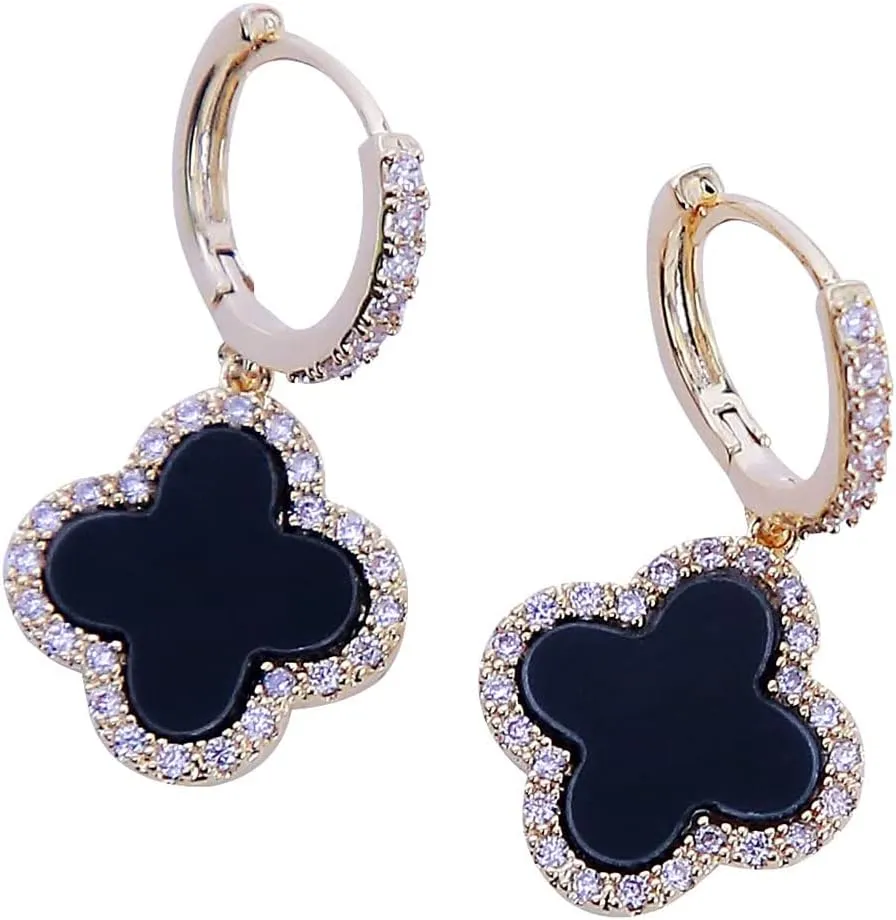 Gold Plated 925 Sterling Silver Gem Hoop Earrings Clover Designs with Crystal Charms Crystal Natural Gemstone Dangle Earrings for Women