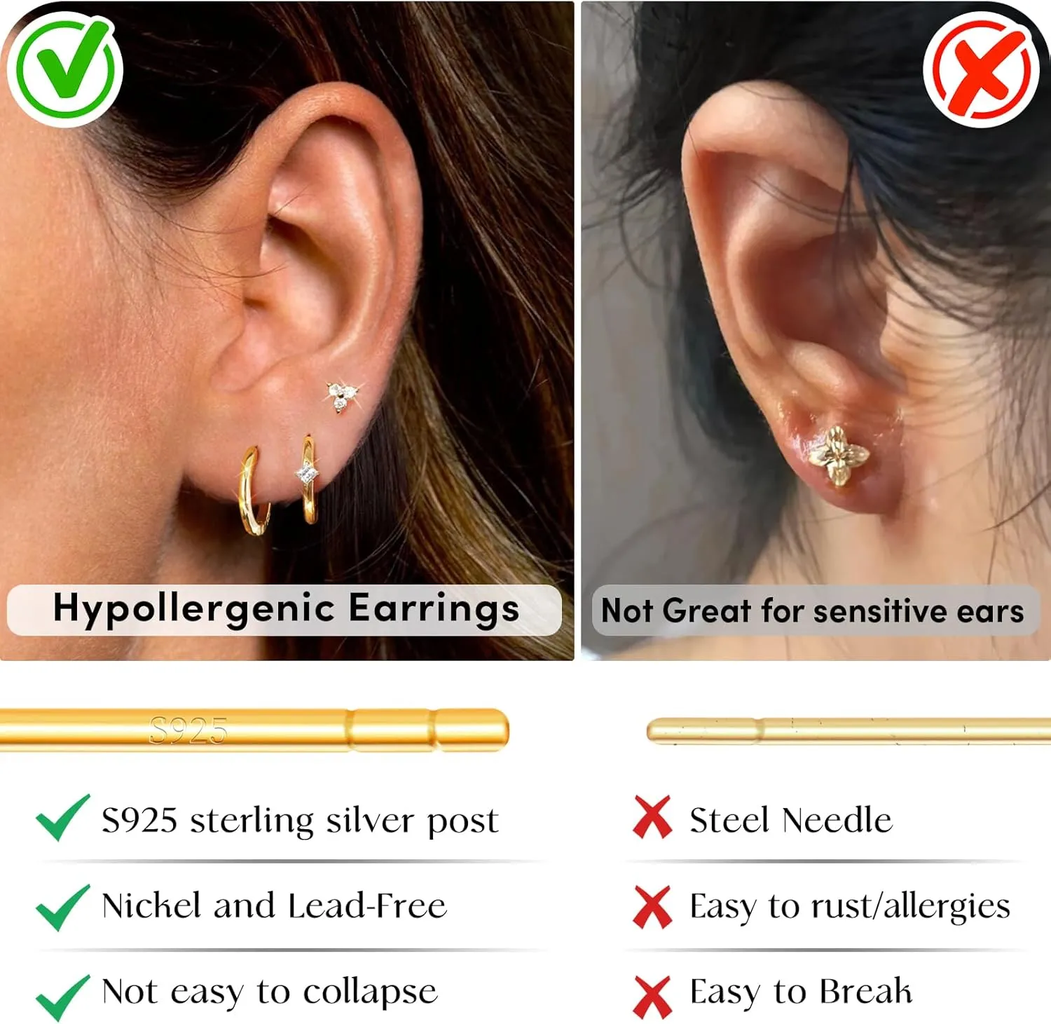 Gold Silver Earrings for Women, 14K Gold Silver Plated Stud Earrings Set for Multiple Piercing, Hypoallergenic Dainty Small Gold Silver Hoop Earrings for Women Trendy Cartilage Earrings Stack Jewelry