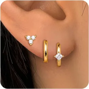 Gold Silver Earrings for Women, 14K Gold Silver Plated Stud Earrings Set for Multiple Piercing, Hypoallergenic Dainty Small Gold Silver Hoop Earrings for Women Trendy Cartilage Earrings Stack Jewelry