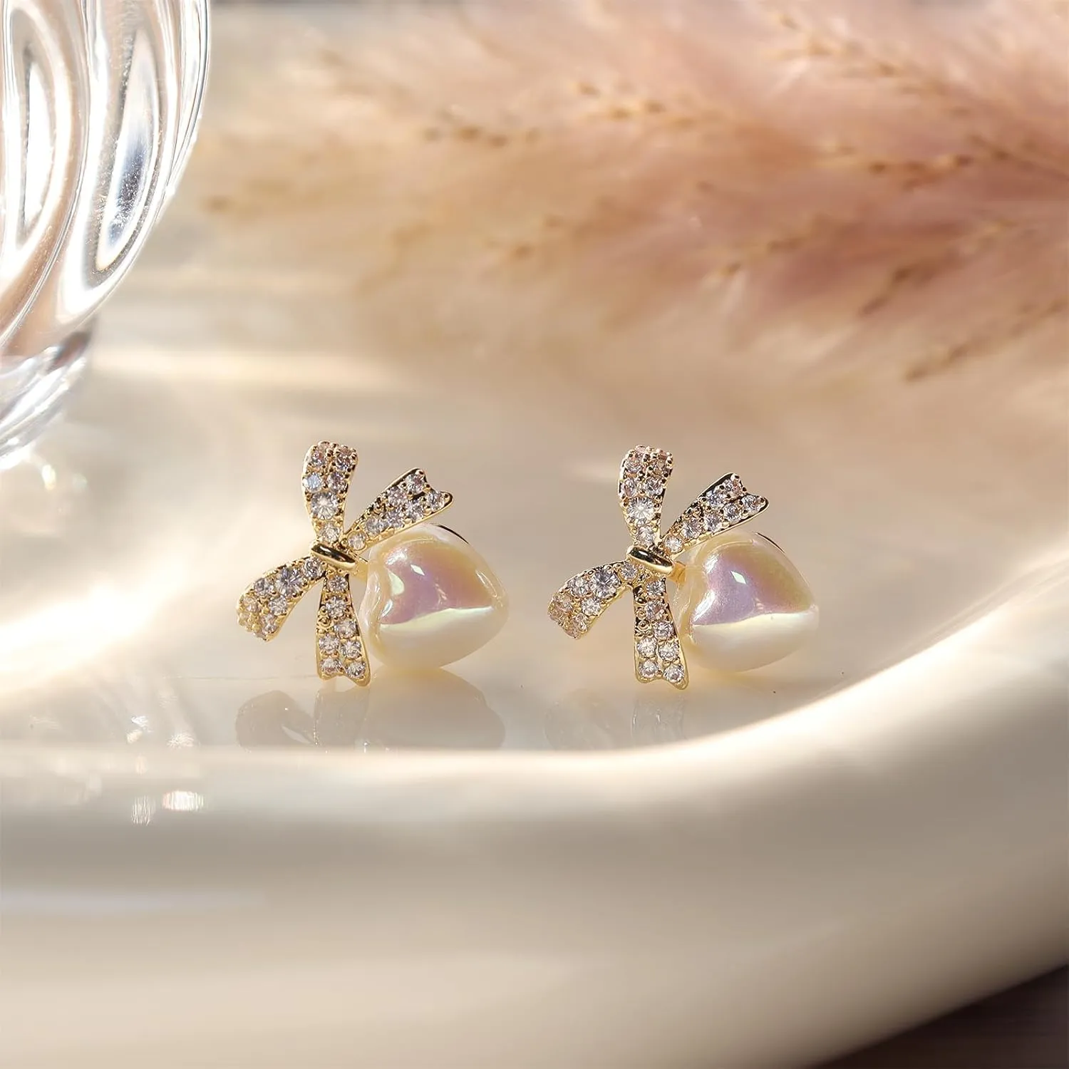 Gold Silver Geometric Pearl Bow Stud Earrings for Women, Valentines Day Trendy Textured Ball Heart Dome Square Earing Prom Holiday Jewelry Gift