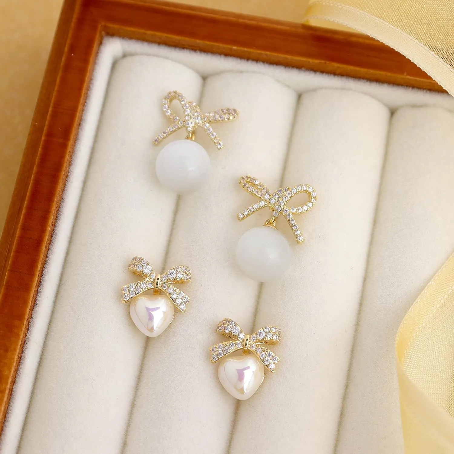 Gold Silver Geometric Pearl Bow Stud Earrings for Women, Valentines Day Trendy Textured Ball Heart Dome Square Earing Prom Holiday Jewelry Gift