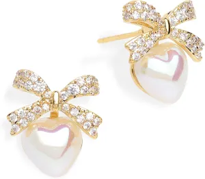 Gold Silver Geometric Pearl Bow Stud Earrings for Women, Valentines Day Trendy Textured Ball Heart Dome Square Earing Prom Holiday Jewelry Gift