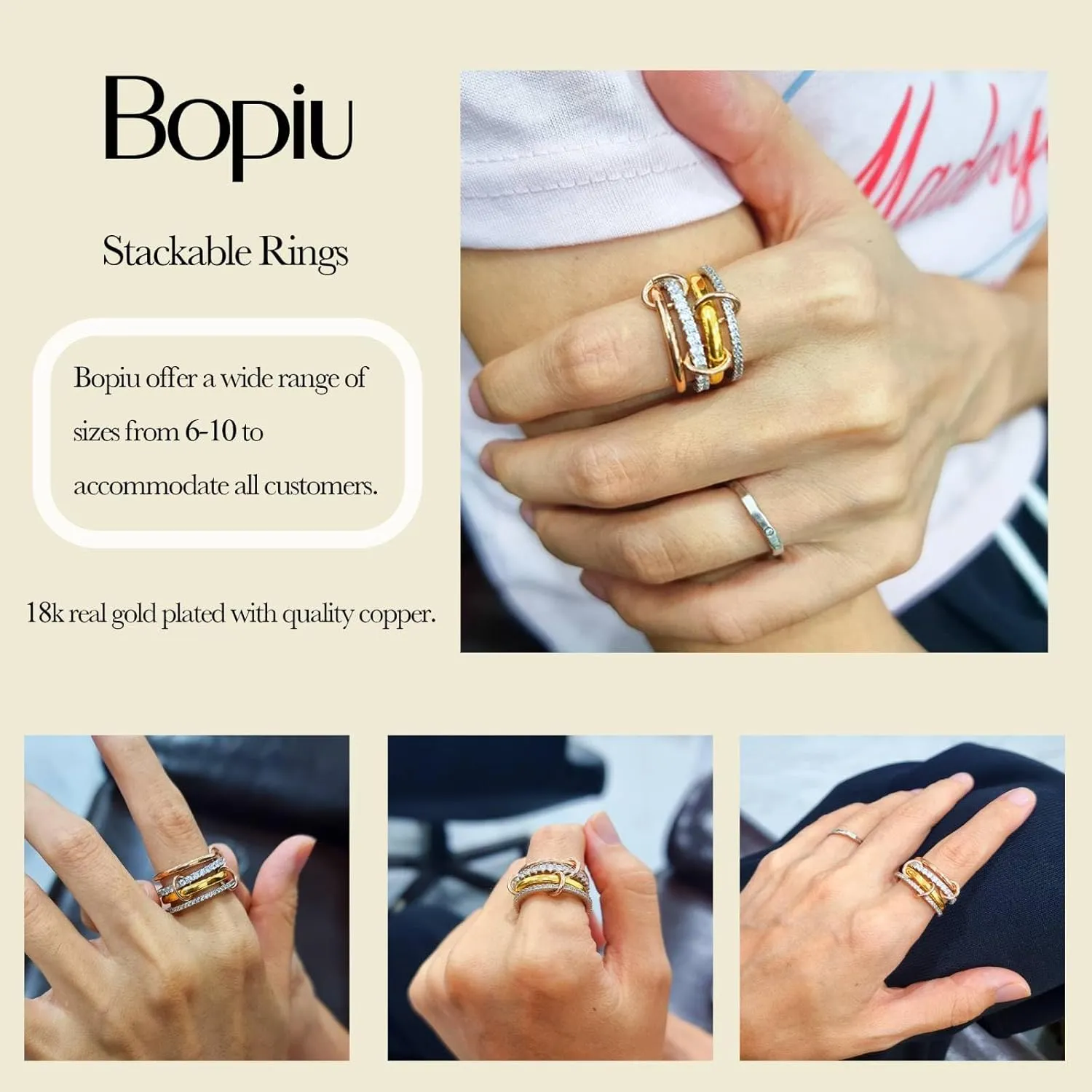 Gold Stackable Rings for Women Non Tarnish, Dainty Stackable CZ Cubic Zirconia 18k Gold Plated Rings, Gold Knuckle Women Rings Set